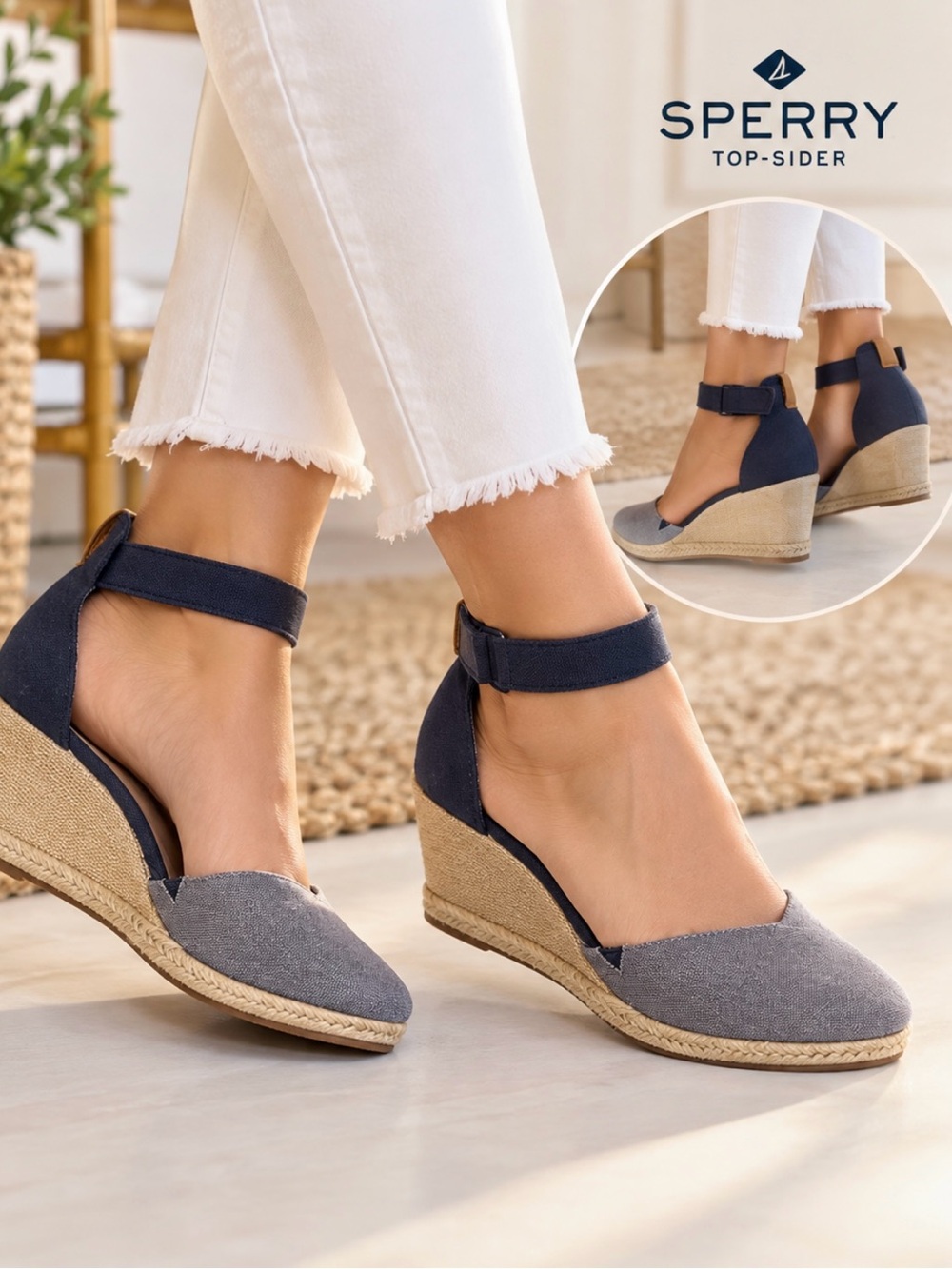 Sperry Women Navy and Gray Espadrille Wedge Ankle-Strap Sandals Size 9.5